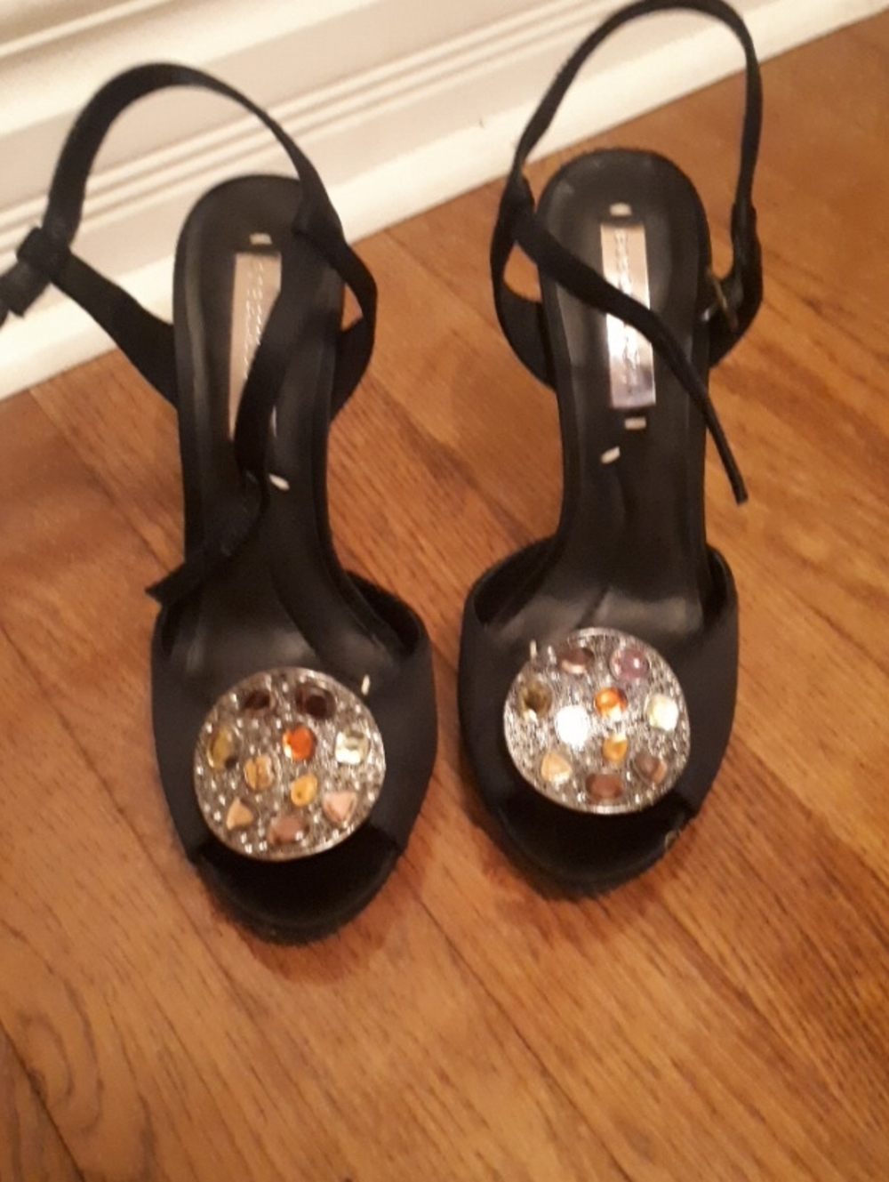 New BCBGMaxAzria Black Open-Toe Slingback Heels with Multi-Gem Medallions